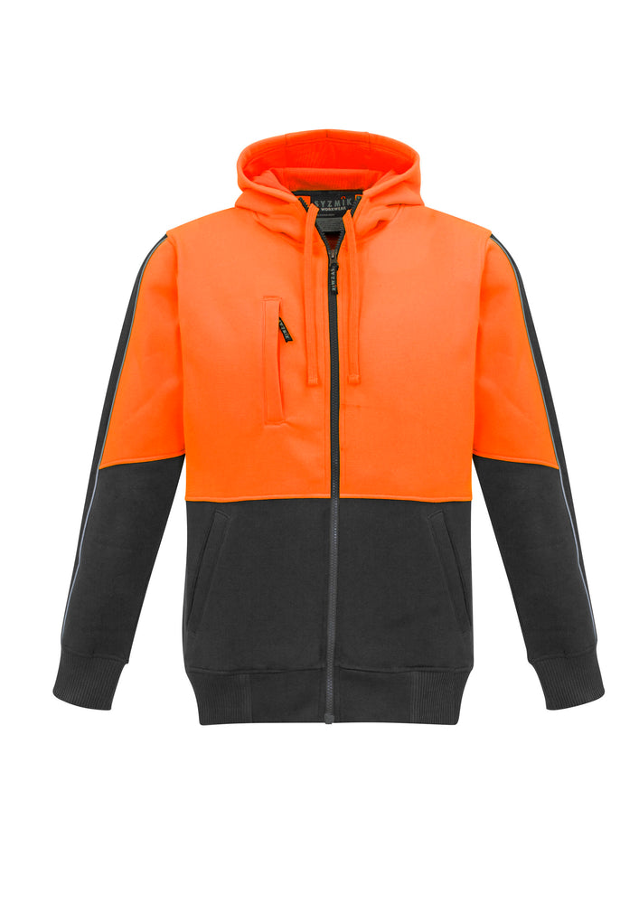 SYZMIK ZT485 MENS HIVIS FULL ZIP HOODIE-HOODIE-BOOTS CLOTHES SAFETY-ORANGE/CHARCOAL-SML-BOOTS CLOTHES SAFETY