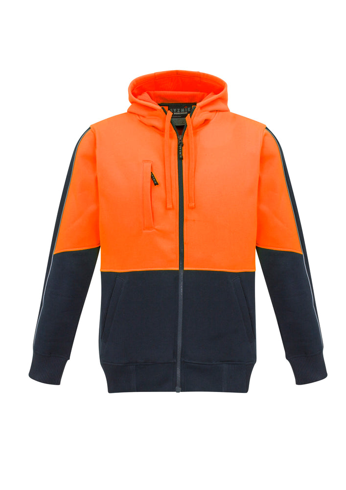 SYZMIK ZT485 MENS HIVIS FULL ZIP HOODIE-HOODIE-BOOTS CLOTHES SAFETY-ORANGE/NAVY-SML-BOOTS CLOTHES SAFETY