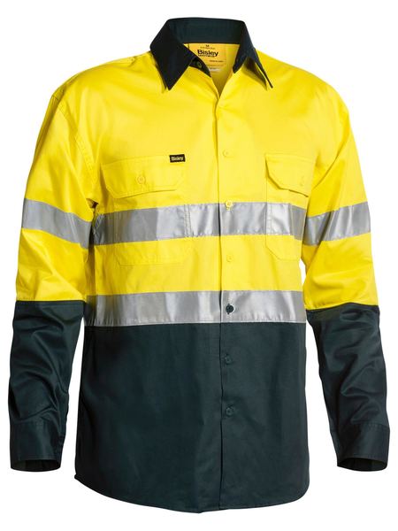 Bisley Taped Hi Vis Cool Lightweight Shirt BS6696T-HI VIS WORK SHIRTS-BOOTS CLOTHES SAFETY-XS-Yellow/Bottle-BOOTS CLOTHES SAFETY