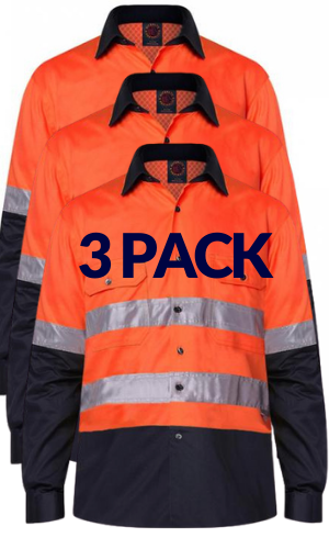 RITEMATE RM107V2R VENTED OPEN FRONT L/W L/S TAPED SHIRT 3 PK-HI VIS WORK SHIRTS-BOOTS CLOTHES SAFETY-ORAN/NAVY-SML-BOOTS CLOTHES SAFETY
