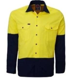 RITEMATE RM1050 OPEN FRONT 2 TONE HI VIS L/S SHIRT-HI VIS WORK SHIRTS-BOOTS CLOTHES SAFETY-YELLOW/NAVY-SML-BOOTS CLOTHES SAFETY