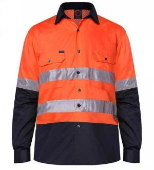 RITEMATE RM107V2R VENTED OPEN FRONT L/W L/S TAPED SHIRT-HI VIS WORK SHIRTS-BOOTS CLOTHES SAFETY-ORAN/NAVY-SML-BOOTS CLOTHES SAFETY