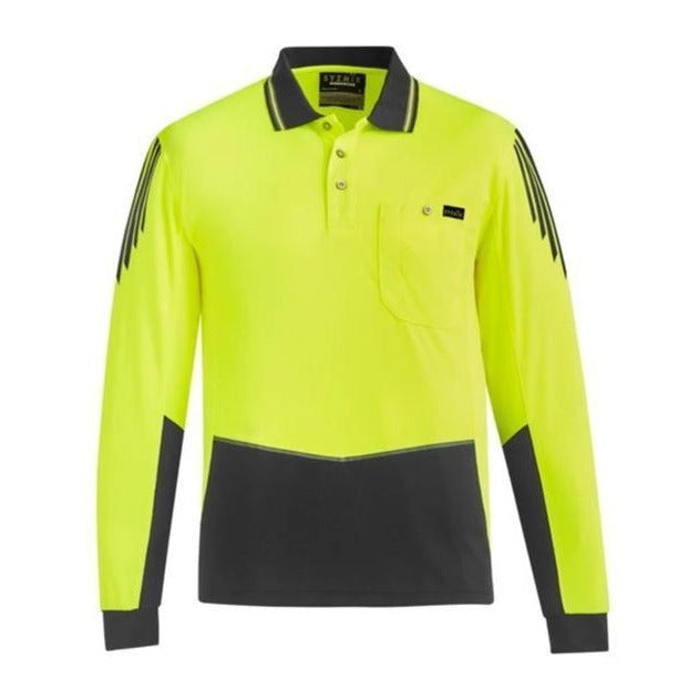 SYZMIK ZH310 FLUX HI VIS 2 TONE L/S UNISEX POLO-HI VIS POLO-BOOTS CLOTHES SAFETY-YELL/CHAR-SML-BOOTS CLOTHES SAFETY